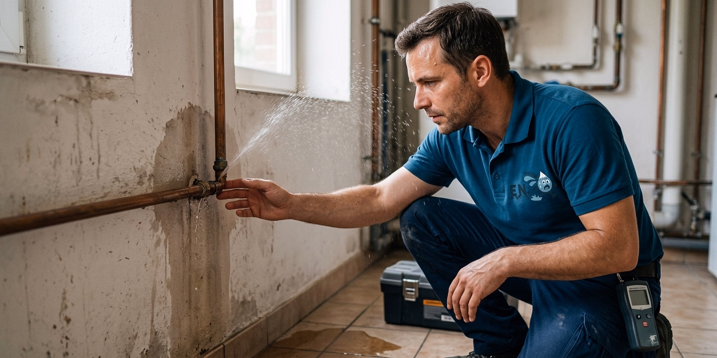 Tuyau en cuivre percé avec jet d'eau, humidité sur mur en plâtre et technicien EN FUITE localisant la fuite