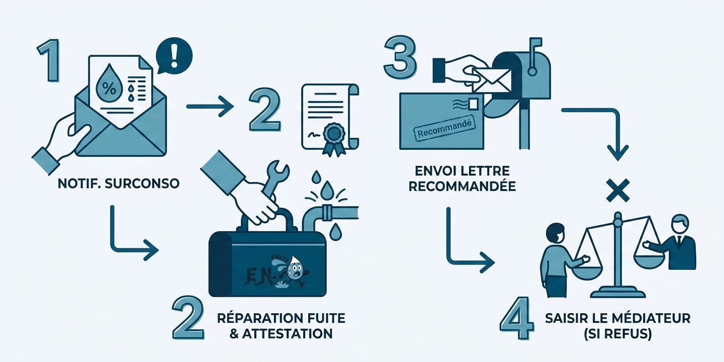 Infographie des 4 étapes pour contester une facture d'eau : notification de surconsommation, réparation et attestation, lettre recommandée au service des eaux, saisine du médiateur de l'eau