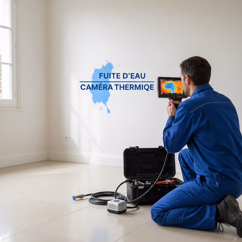 Technicien EN FUITE utilisant une caméra thermique pour détecter une fuite d'eau dans une maison à Abzac