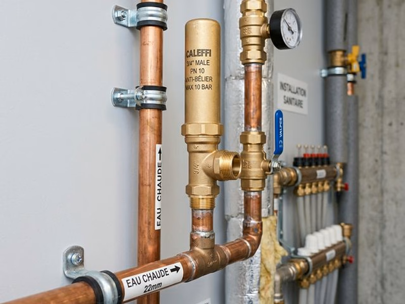 Installation d'un réducteur de pression et d'un anti-bélier sur une tuyauterie en cuivre pour stopper les bruits de canalisation