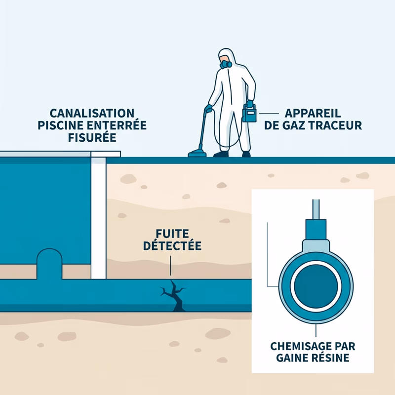 Coupe de terrain montrant une canalisation de piscine enterrée fissurée avec gaine de chemisage et détection au gaz traceur