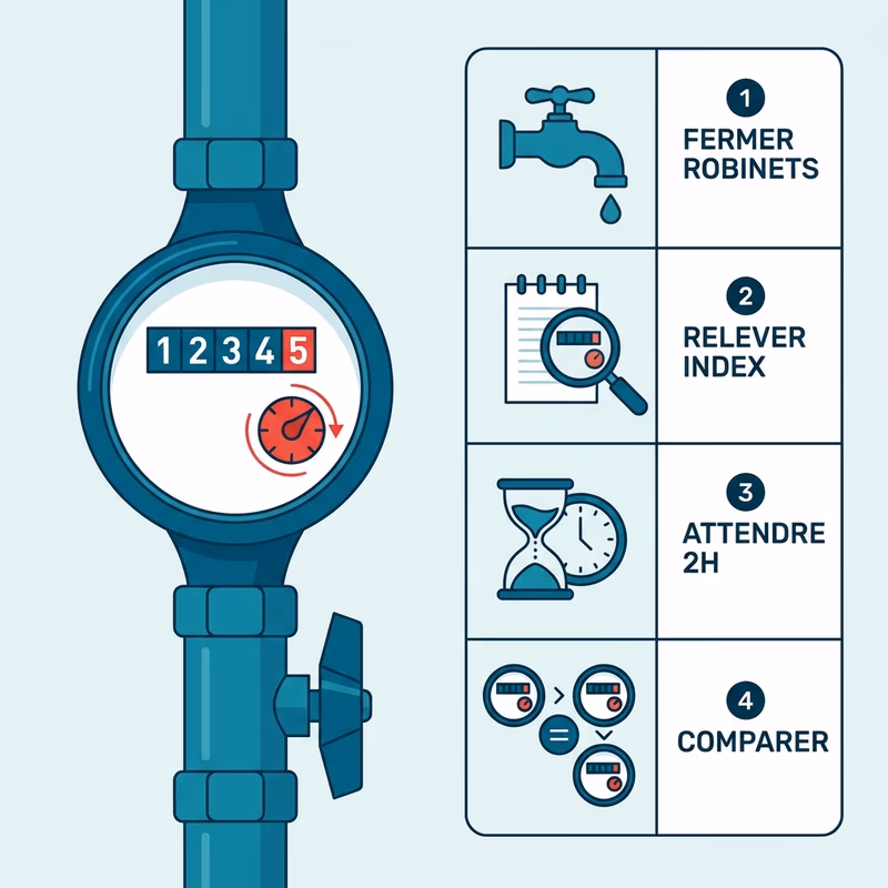 Compteur d'eau en gros plan avec schéma du test de fuite étape par étape