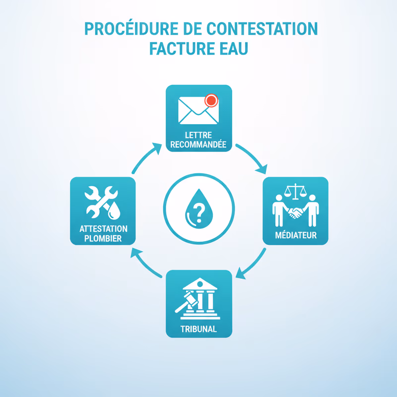Procédure de contestation d'une facture d'eau abusive avec les étapes : attestation de réparation, lettre recommandée et médiateur de l'eau