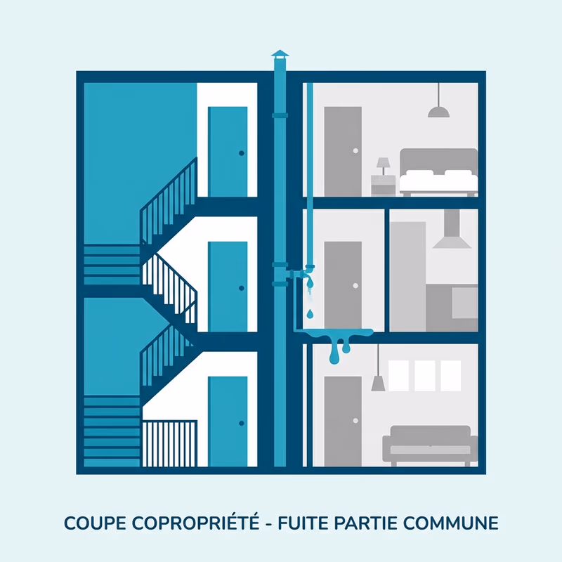 Coupe d'immeuble en copropriété montrant les parties communes et privatives des canalisations