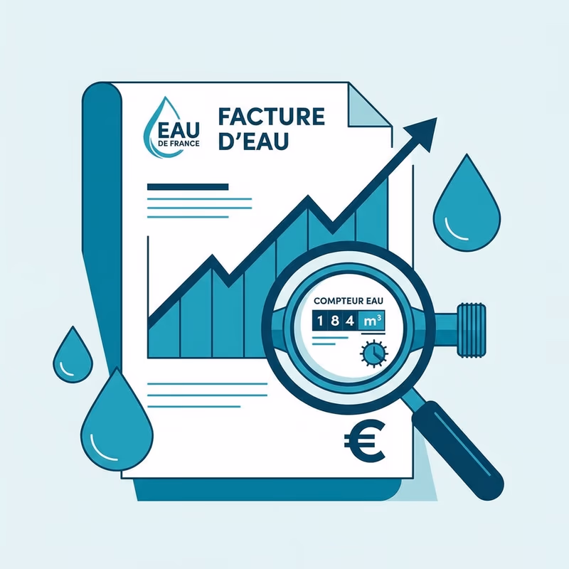 Facture d'eau avec graphique de consommation en hausse brutale et compteur d'eau sous loupe