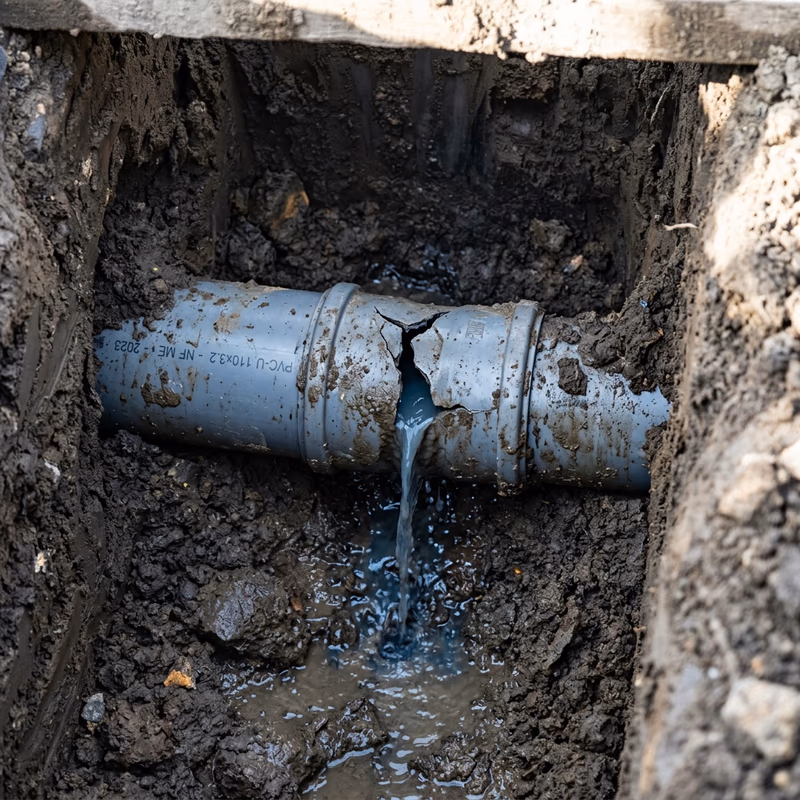 Canalisation enterrée endommagée dans une tranchée montrant une fissure avec suintement d'eau