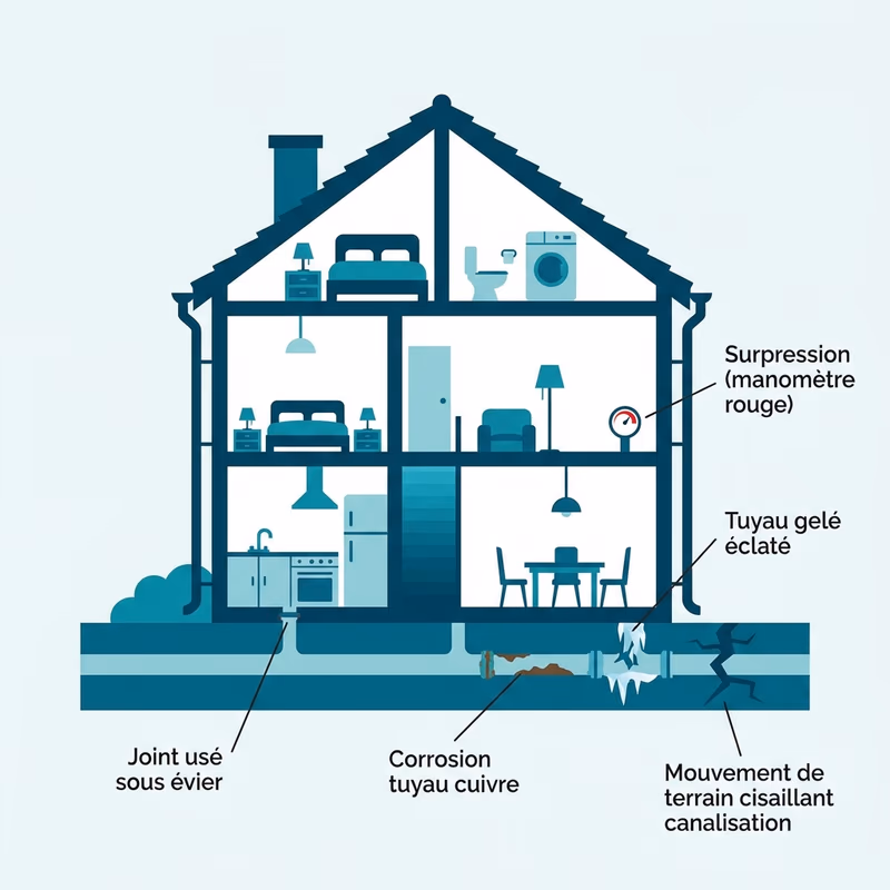 Maison en coupe montrant les 5 causes principales de fuite d'eau : joint usé, corrosion, surpression, gel et mouvement de terrain