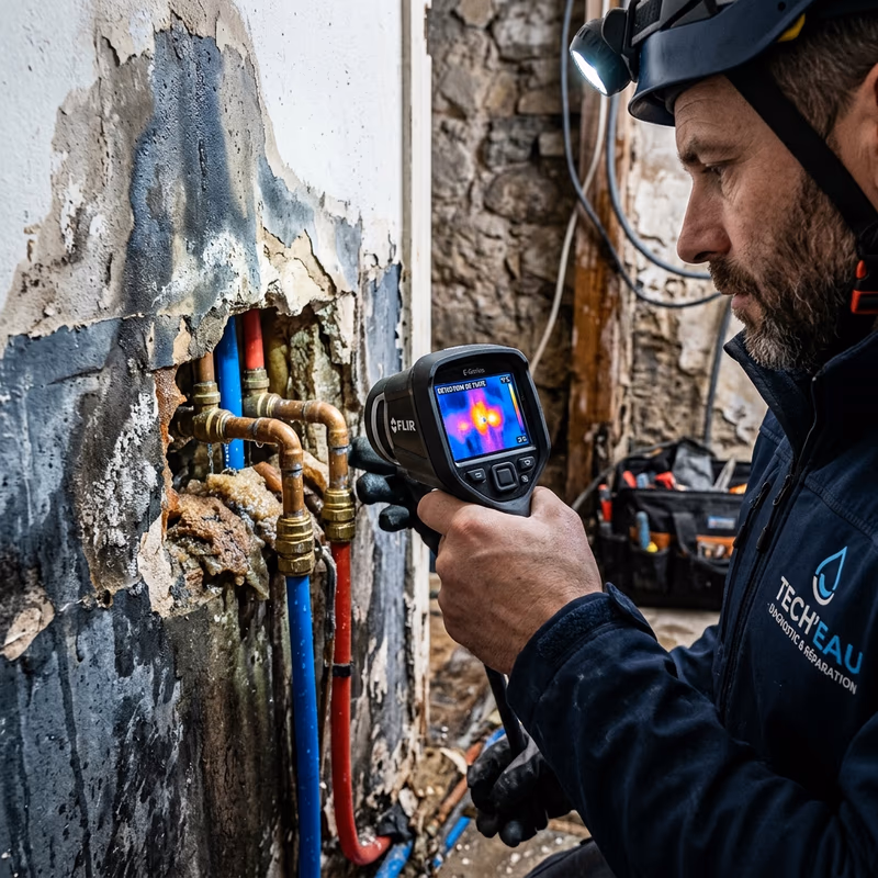 Technicien EN FUITE utilisant une caméra thermique pour inspecter un mur humide dû à une fuite sur tuyau en cuivre.