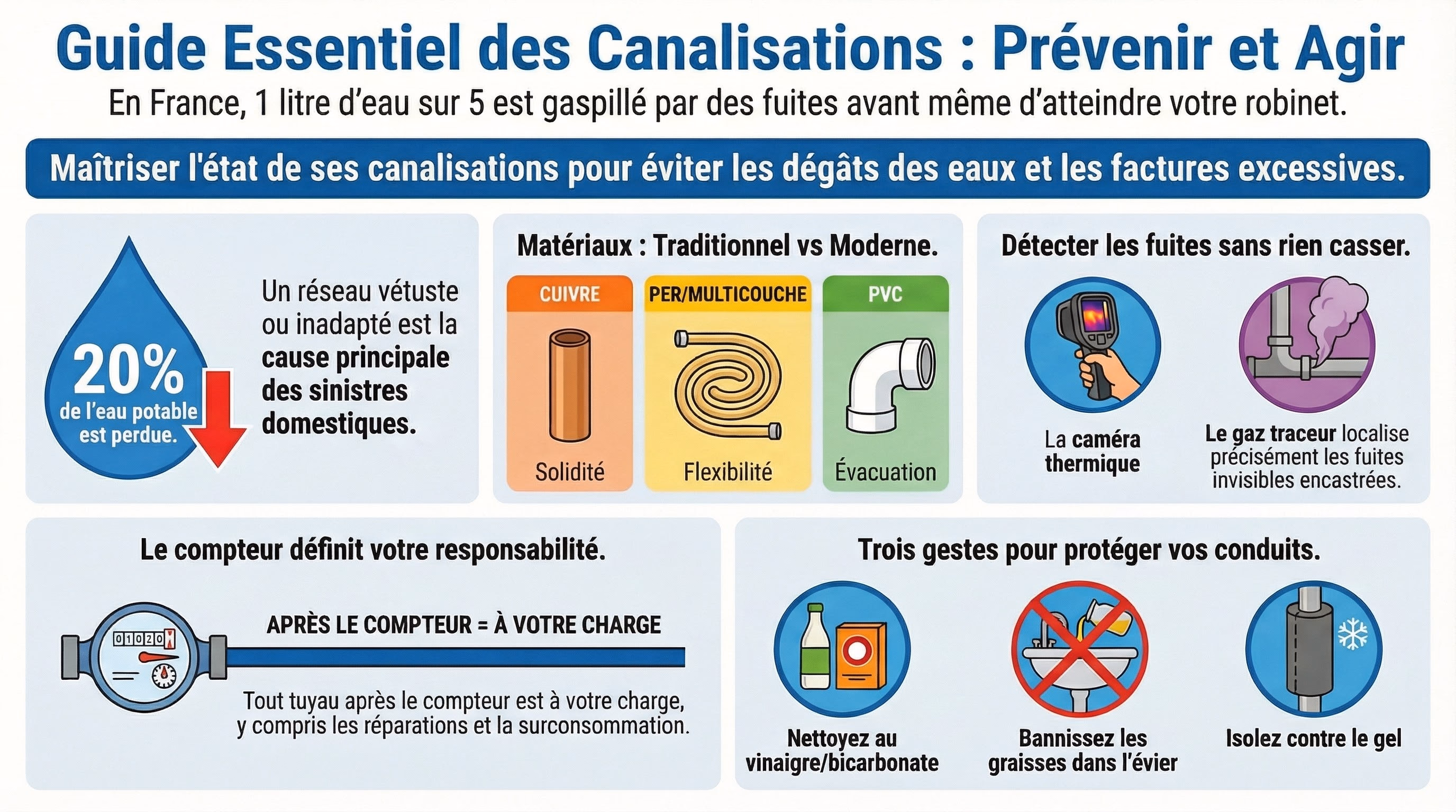 Infographie comparative des types de canalisations, matériaux et prévention des fuites