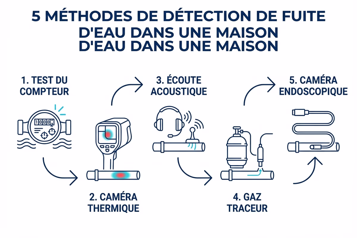 Infographie des 5 méthodes de détection de fuite d'eau : test du compteur, caméra thermique, écoute acoustique, gaz traceur, caméra endoscopique