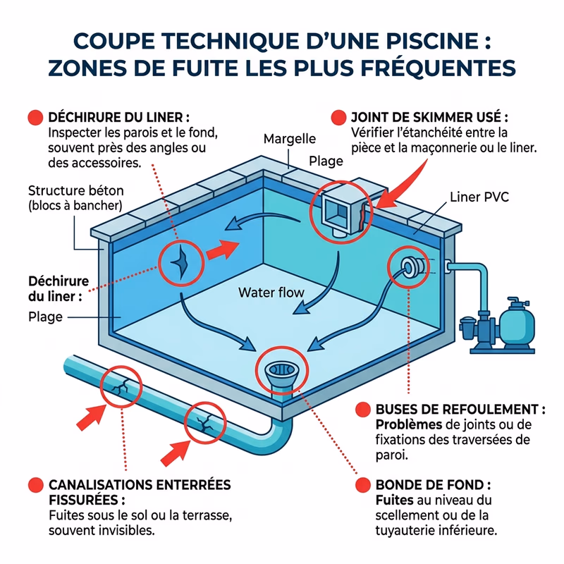 Schéma en coupe d'une piscine montrant les zones de fuite courantes : liner, skimmer, bonde de fond, canalisations enterrées, buses de refoulement