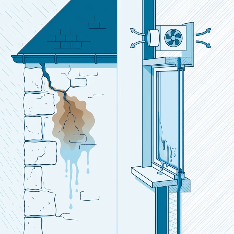 Vue en coupe d'un mur montrant la différence entre infiltration d'eau et condensation dans une maison