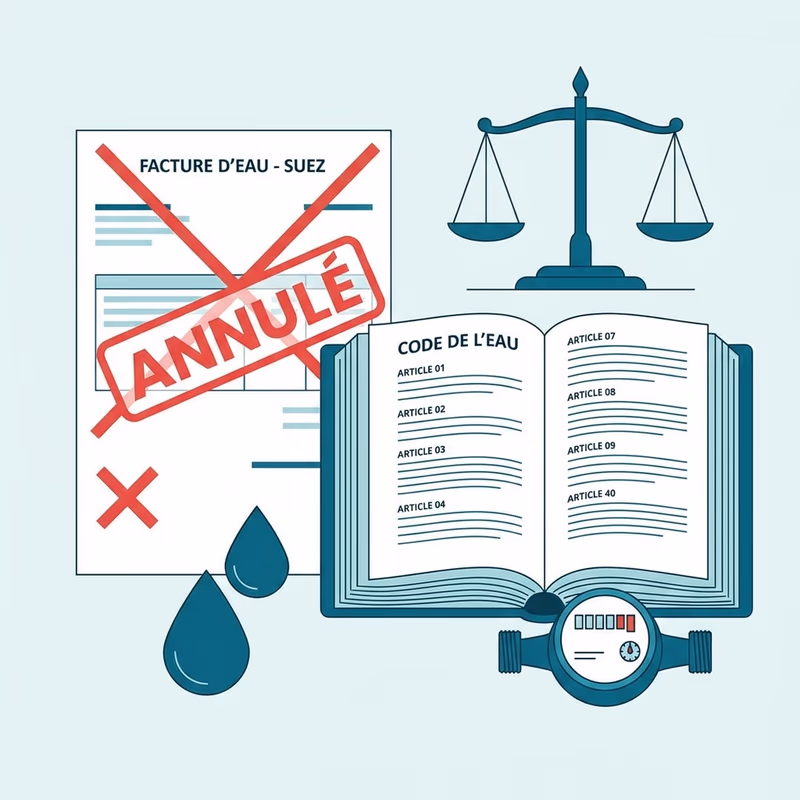Illustration de la Loi Warsmann : facture d'eau, balance de justice et compteur d'eau