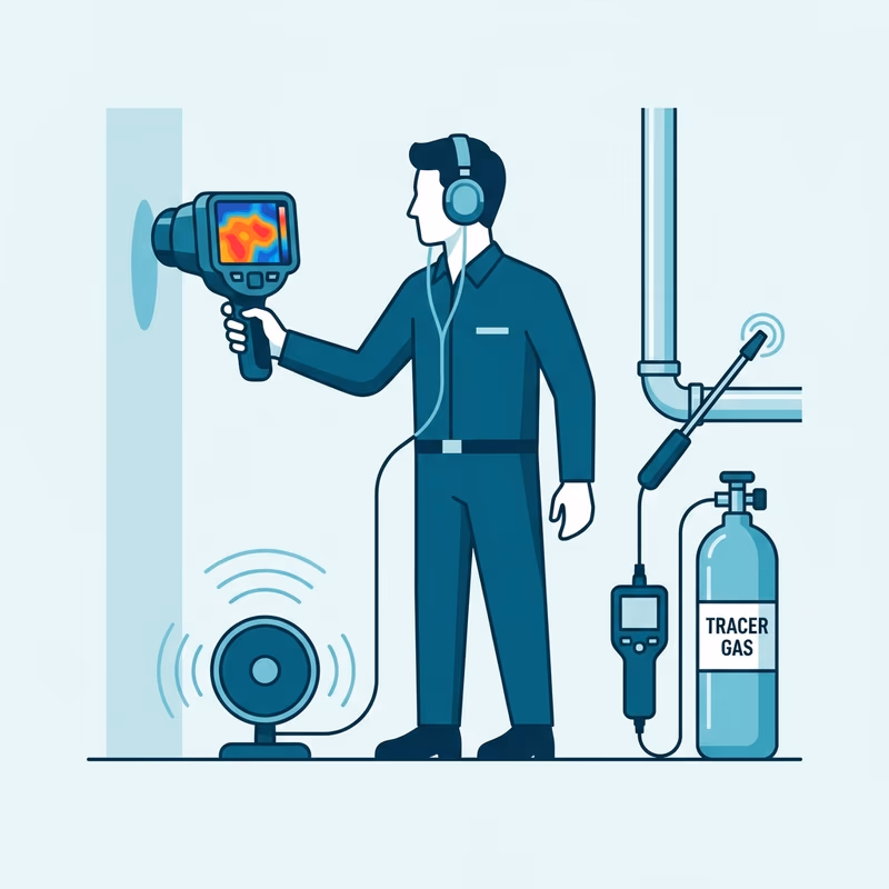 Technicien professionnel utilisant une caméra thermique, un micro acoustique et un détecteur de gaz traceur