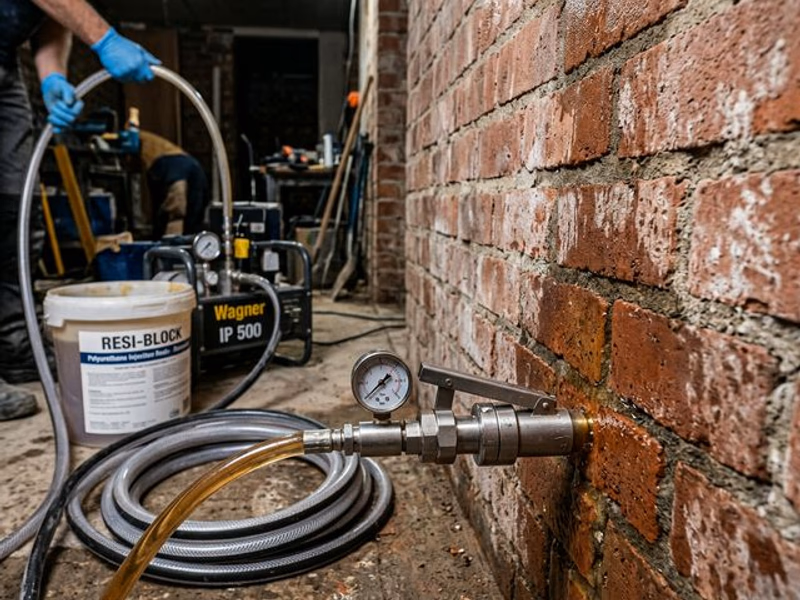 Technicien injectant une résine hydrophobe à la base d'un mur en brique humide pour stopper les remontées capillaires