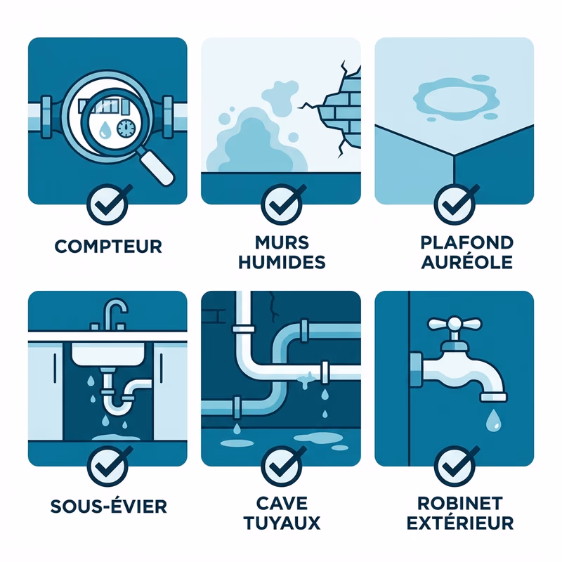 Check-list visuelle des zones à inspecter dans une maison pour détecter une fuite d'eau