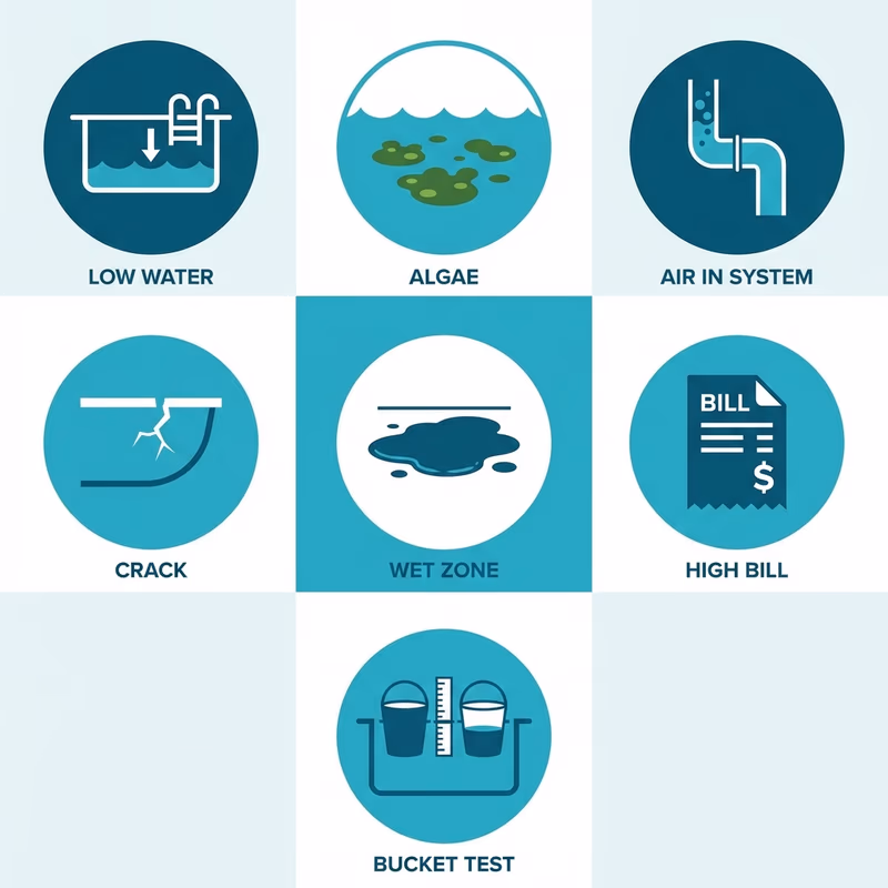 7 pictogrammes montrant les signes d'une fuite de piscine : niveau bas, algues, bulles, fissure, zone humide, facture, test du seau