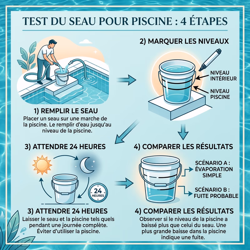 Infographie en 4 étapes du test du seau pour détecter une fuite de piscine : remplir le seau, marquer les niveaux, attendre 24 heures, comparer les résultats