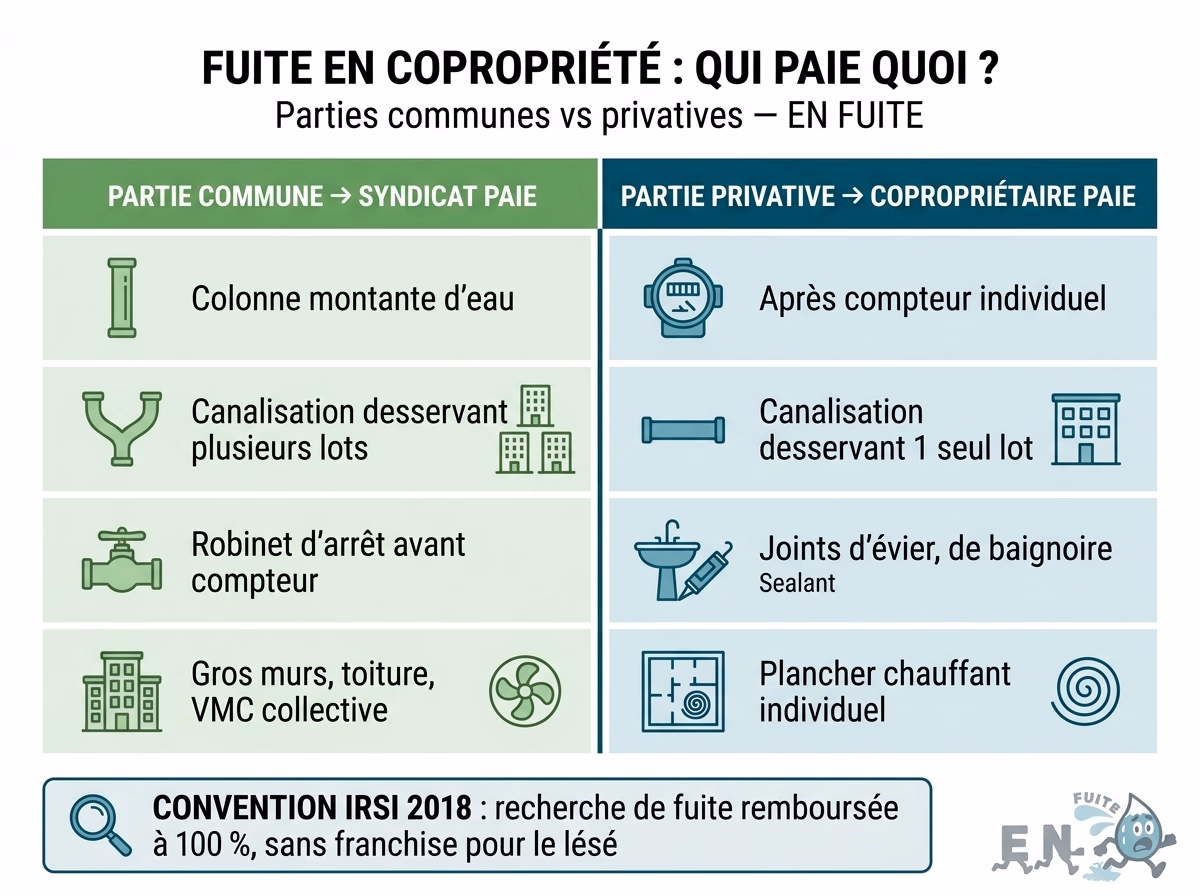 Matrice de responsabilité fuite en copropriété : partie commune (syndicat paie : colonne montante, canalisation desservant plusieurs lots, robinet avant compteur, gros murs) vs partie privative (copropriétaire paie : après compteur individuel, canalisation d'un seul lot, joints) — convention IRSI 2018 rembourse la recherche à 100 %