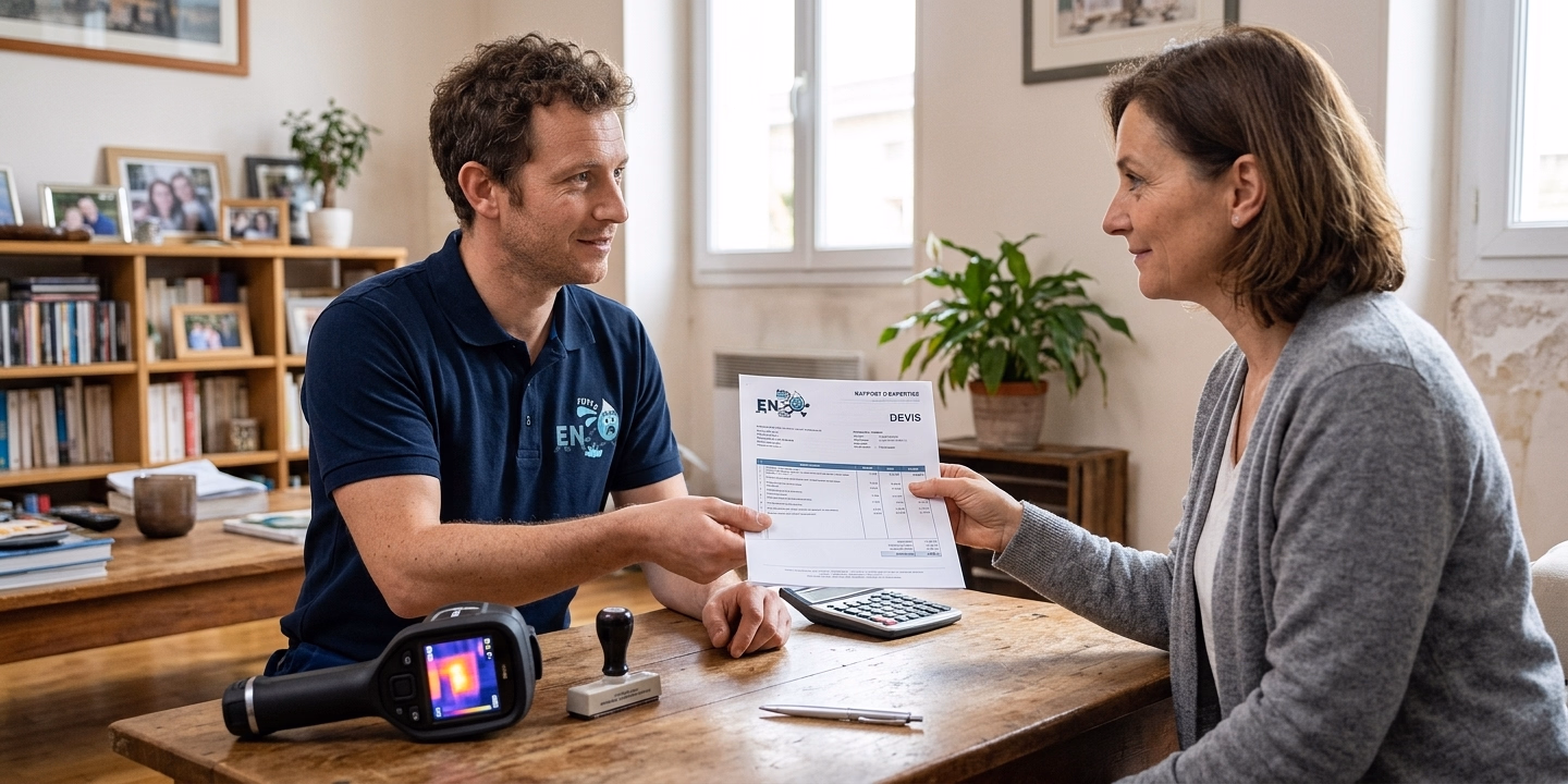 Technicien EN FUITE remettant un devis et un rapport d'expertise de recherche de fuite à une cliente en Gironde, avec caméra thermique et calculatrice sur la table