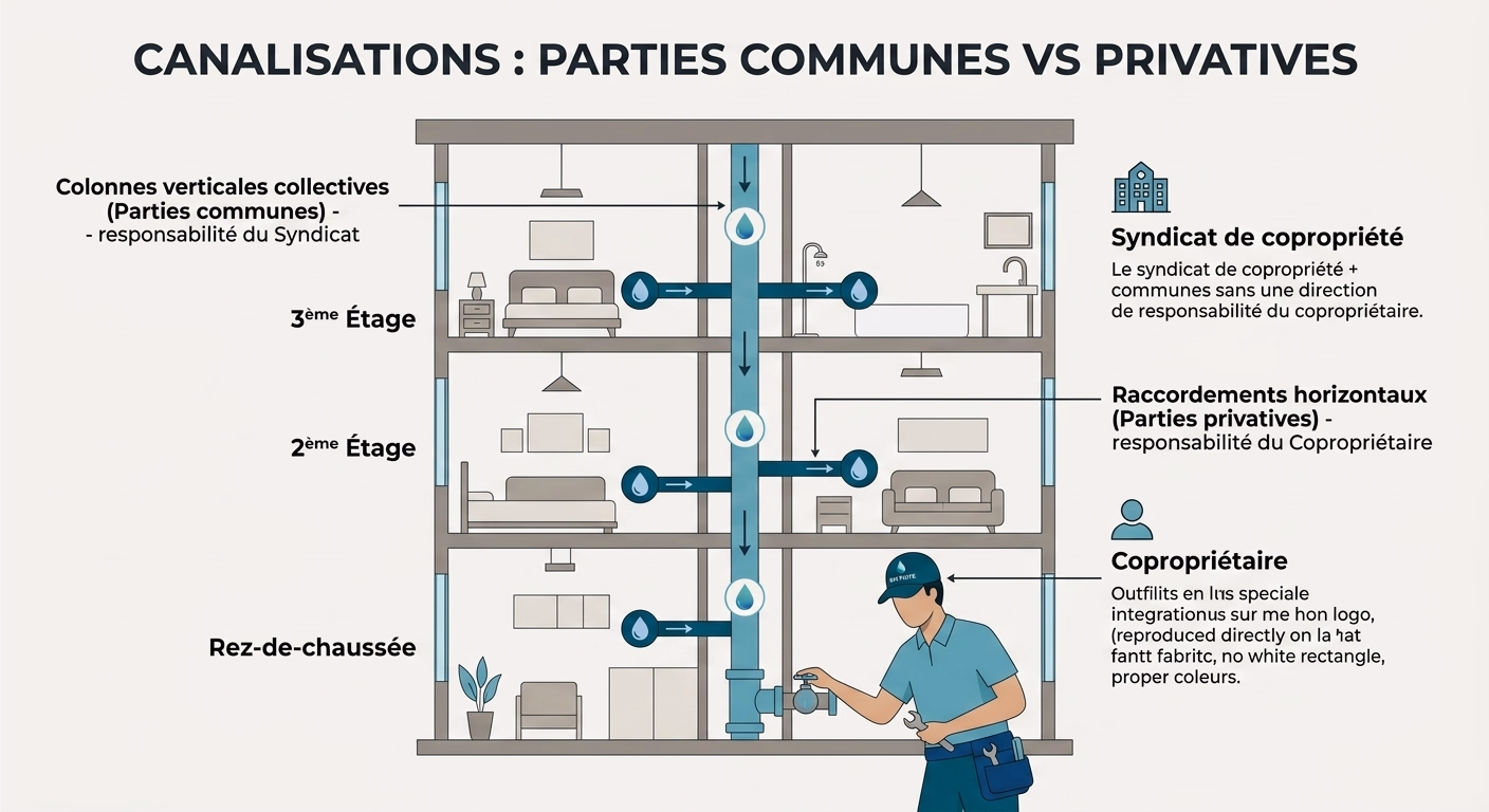 Schéma en coupe d'un immeuble en copropriété distinguant les canalisations communes (colonnes verticales collectives) des canalisations privatives (raccordements horizontaux par appartement) pour déterminer qui paie la recherche de fuite