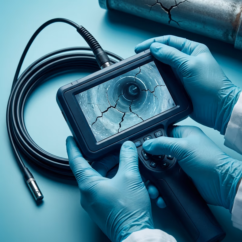 Écran d'inspection caméra endoscopique montrant l'intérieur d'une canalisation fissurée