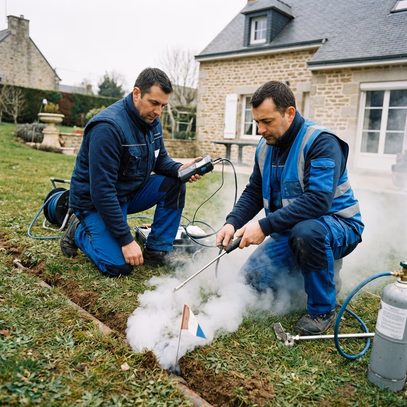 Technicien utilisant un gaz traceur pour localiser une fuite sur canalisation enterrée