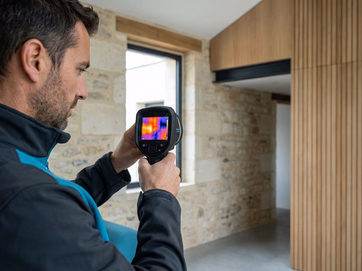 Technicien EN FUITE utilisant une caméra thermique pour détecter une fuite dans un mur de maison en Gironde