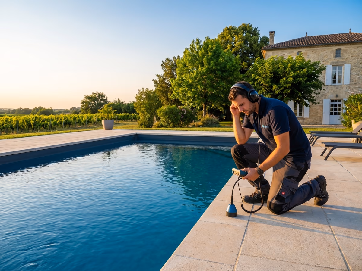 Technicien EN FUITE détectant une fuite au bord d'une piscine avec équipement acoustique à Libourne