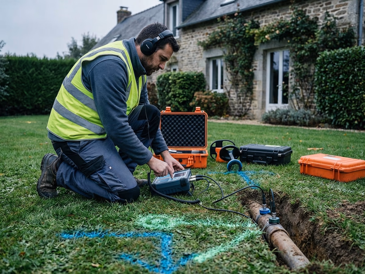 Technicien détectant une fuite sur canalisation enterrée avec corrélateur acoustique en Gironde