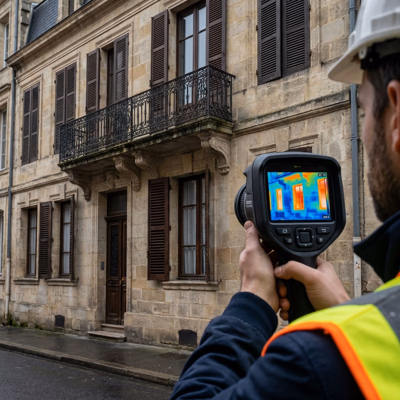 Caméra thermique inspectant une façade en pierre bordelaise pour détecter les infiltrations
