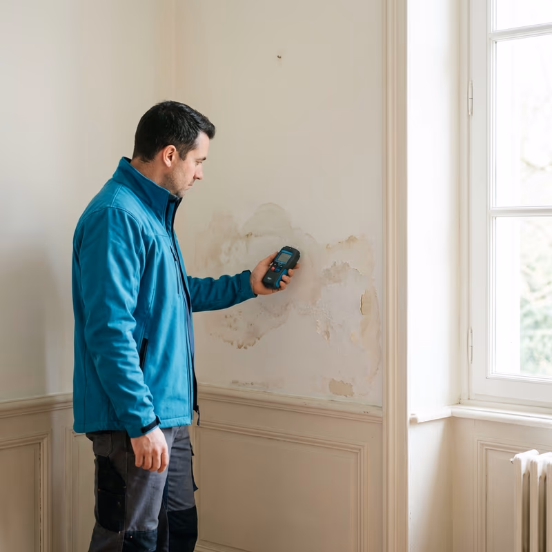 Technicien mesurant l'humidité d'un mur intérieur pour détecter une fuite cachée