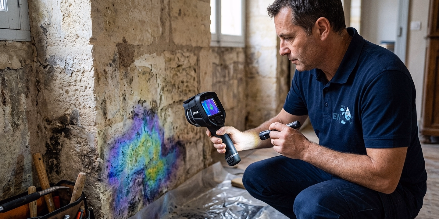 Caméra thermique sur un mur en pierre du bourg ancien de Coutras pour localiser une infiltration