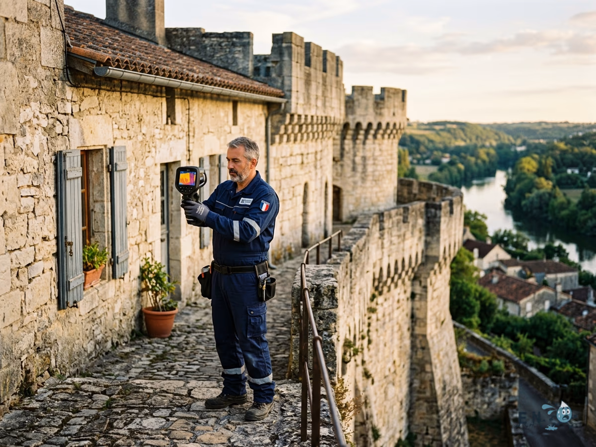 Technicien EN FUITE inspectant une façade en pierre des remparts d'Angoulême