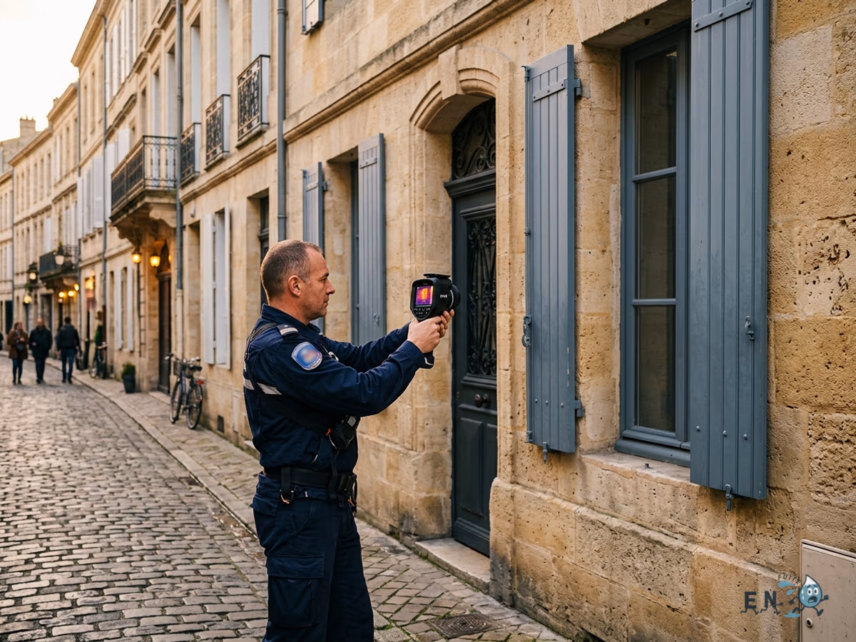 Technicien EN FUITE inspectant une façade en pierre de taille bordelaise avec caméra thermique