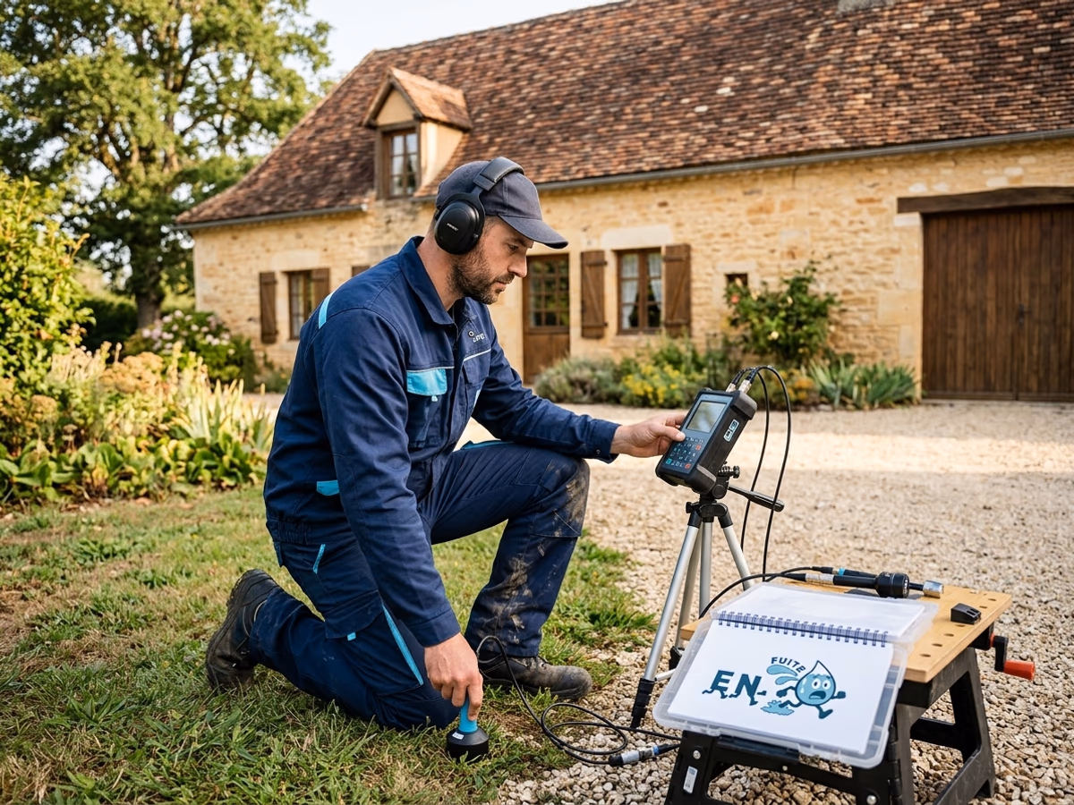 Technicien EN FUITE réalisant une détection de fuite sur canalisation enterrée à Montpon-Ménestérol