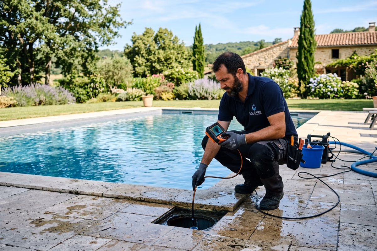 Inspection endoscopique d'une bonde de fond de piscine enterrée en Dordogne, sans vidange