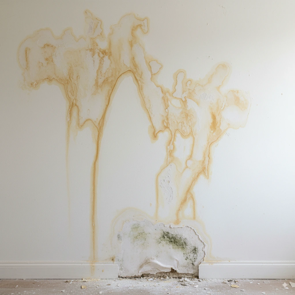 Des traces d'humidité sur un mur blanc d'une maison représente une fuite d'eau