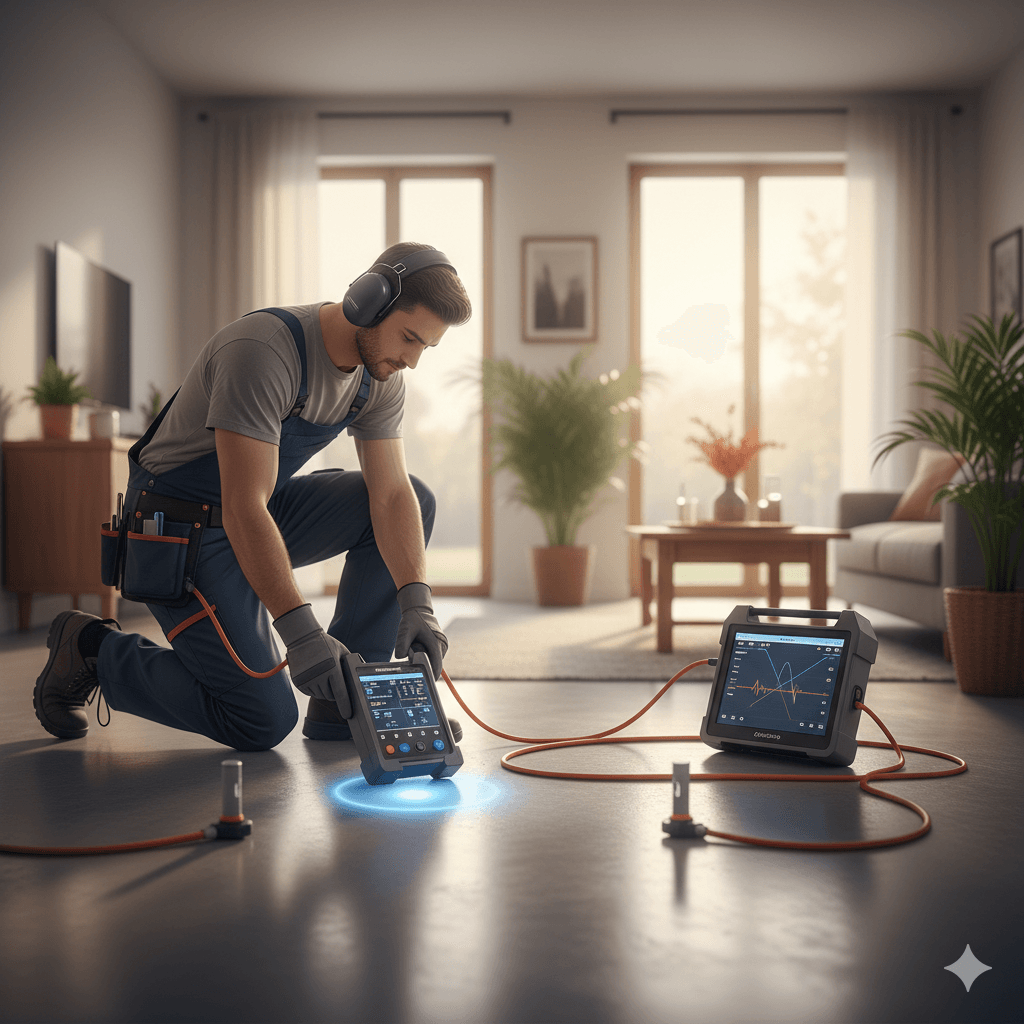 technicien localisant une fuite d’eau sous dalle grâce à la détection acoustique par corrélation de microphones à Libourne.