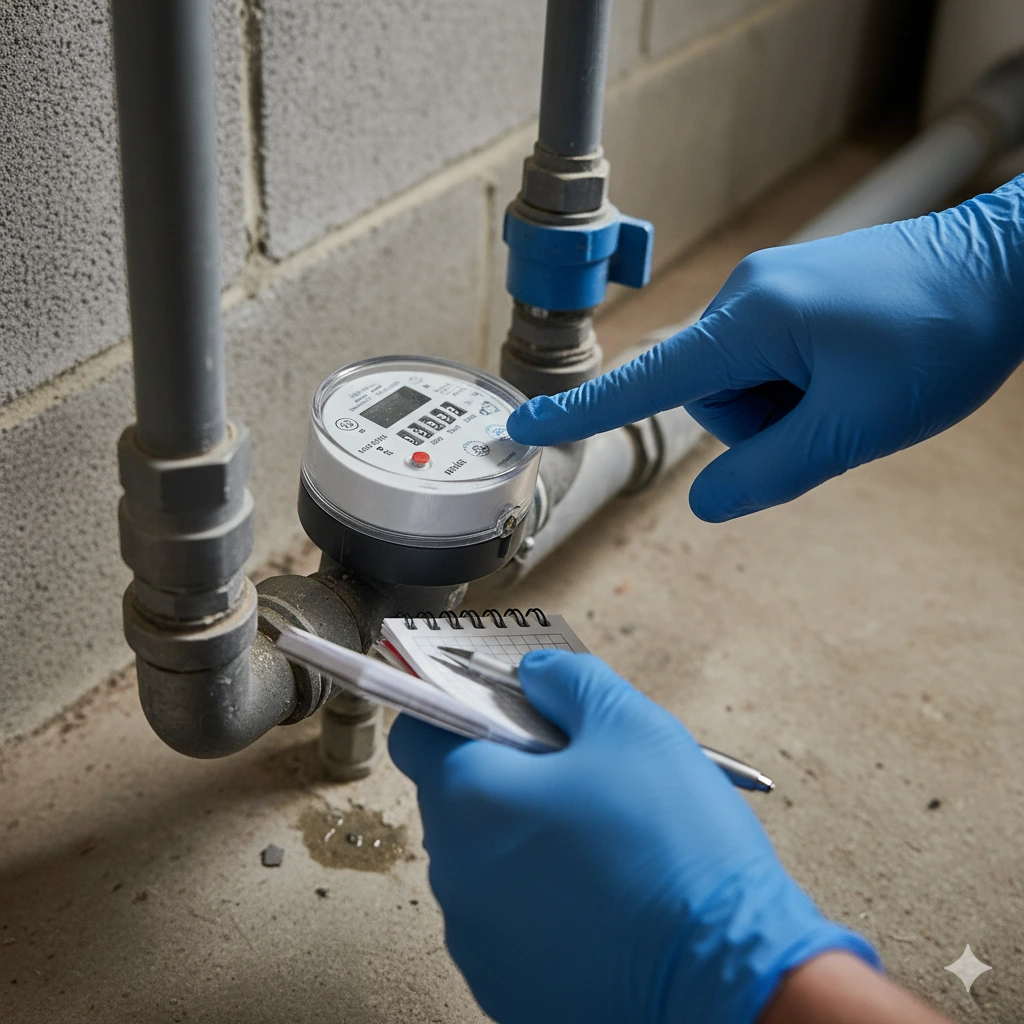Photographie réaliste d’un compteur d’eau domestique en sous-sol, avec une main en train de relever les chiffres pour détecter une fuite.