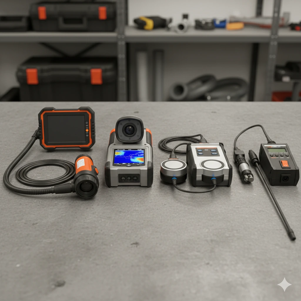 Photo réaliste présentant plusieurs outils pros de détection de fuite : caméra d’inspection, thermographie, corrélateur et sonde.