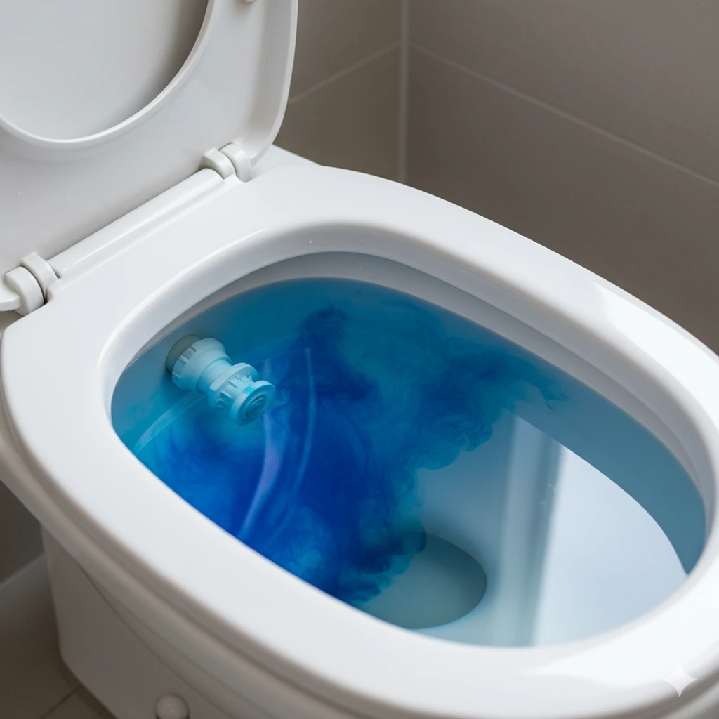 Photo réaliste d’un réservoir de WC ouvert avec de l’eau colorée en bleu pour un test de détection de fuite.