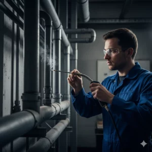 Photographie réaliste d’un professionnel utilisant un gaz traceur et un fumigène pour localiser une fuite sur des conduits.