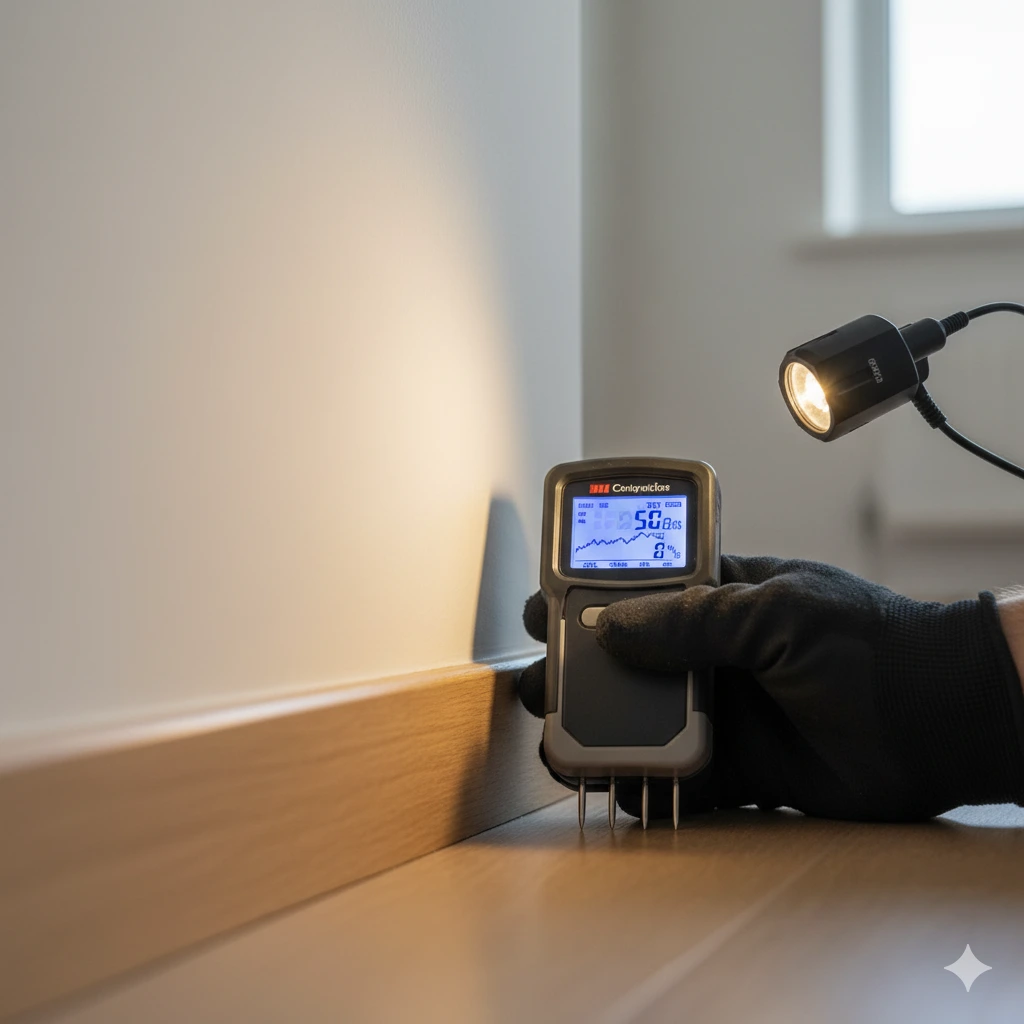 Photo réaliste d’un humidimètre appliqué sur une plinthe intérieure pour cartographier l’humidité et détecter une fuite.