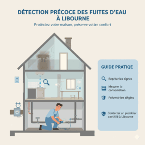 Infographie montrant comment reconnaître une fuite d’eau dans une maison à Libourne avec signes visibles et discrets et un plombier local inspectant les canalisations.