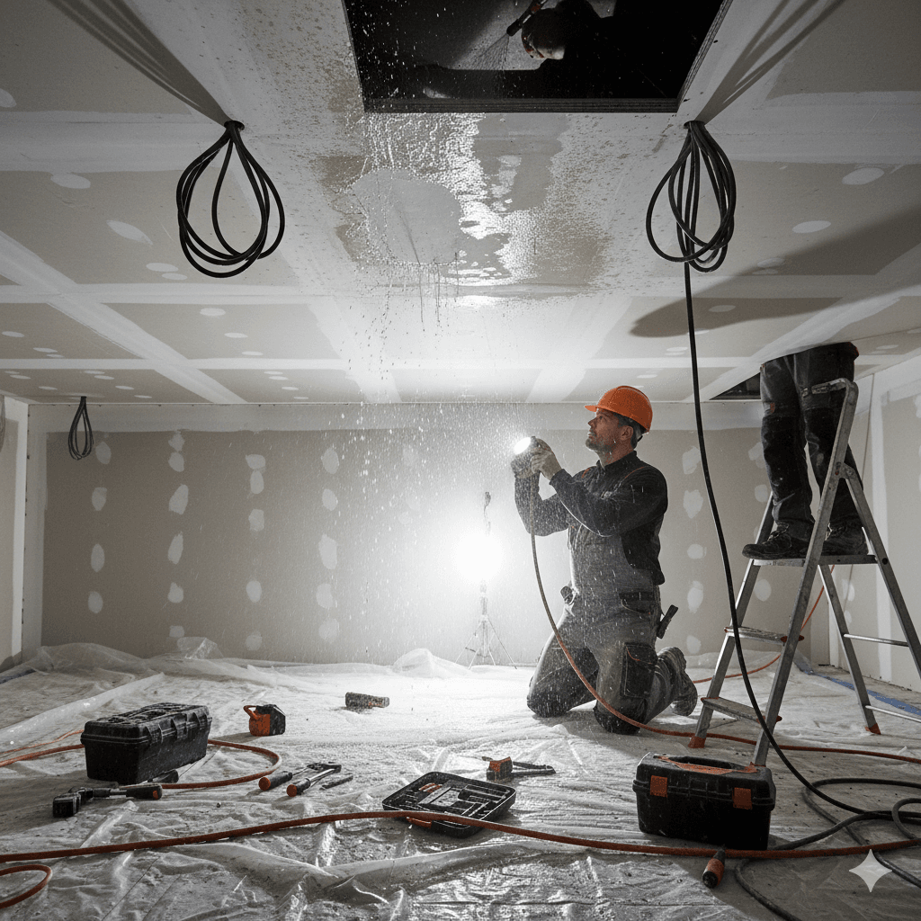 Vue intérieure d’un plafond sous test : un professionnel surveille la sous-face avec une lampe et un détecteur d’humidité pendant qu’un collègue arrose la zone supérieure. On distingue des gouttes et des zones plus sombres sur le plâtre. Ambiance technique, outils visibles, réalisme fort.