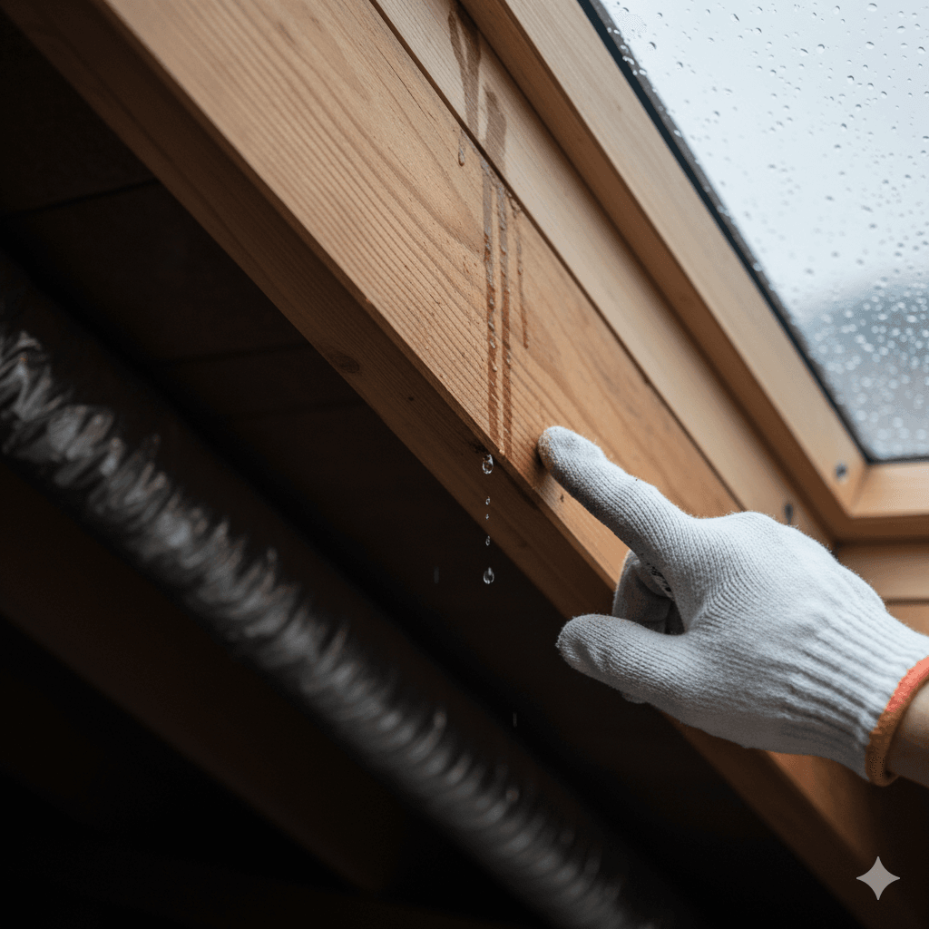 Vue rapprochée d’une main pointant une coulure sur un chevron humide, avec de petites gouttes encore visibles. À l’arrière-plan, on devine un conduit de ventilation et une fenêtre de toit (velux). Texture détaillée du bois, isolant légèrement détrempé, rendu photographique précis.