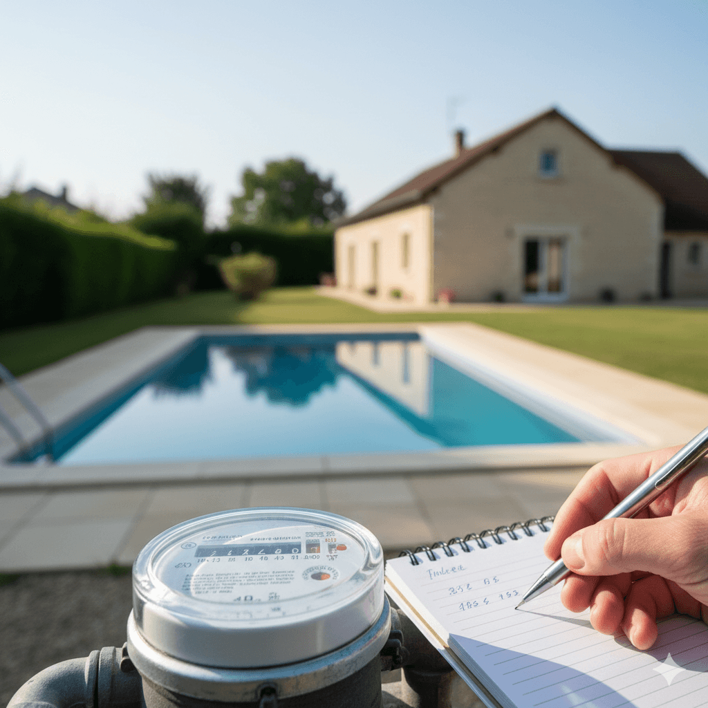 Relevé de compteur d’eau pour fuite piscine à Libourne, main notant l’index, style photo éditoriale.