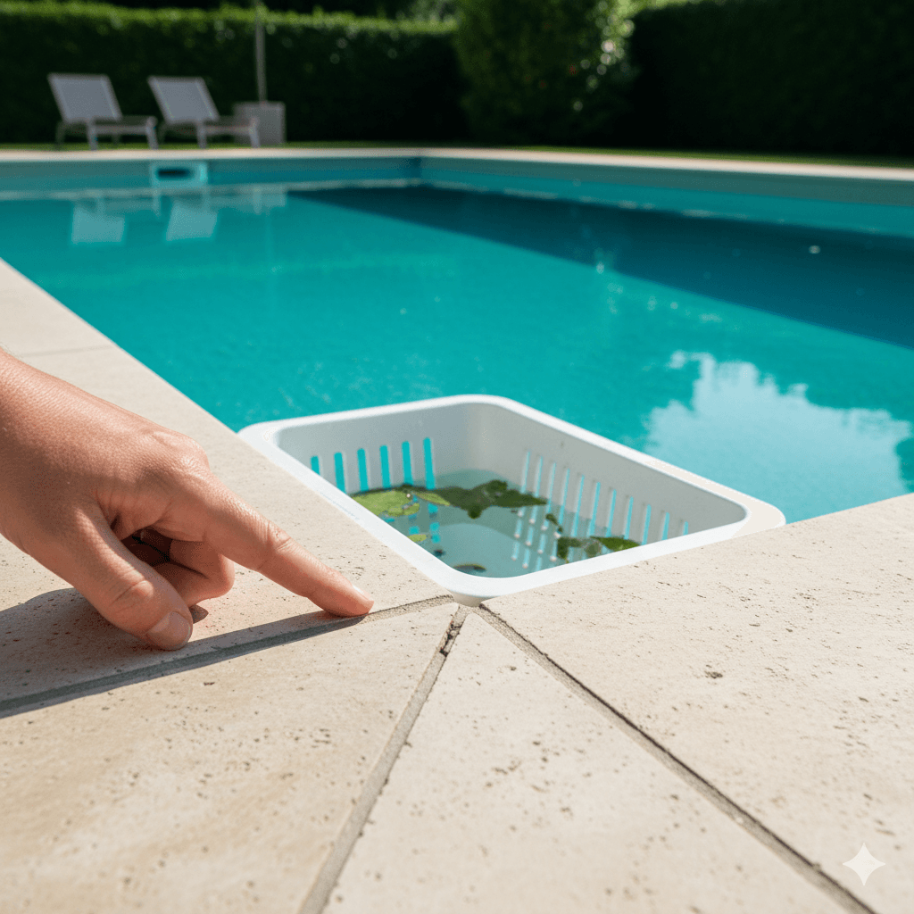 Inspection visuelle des margelles et skimmers pour fuite piscine, joint fissuré visible, rendu technique réaliste
