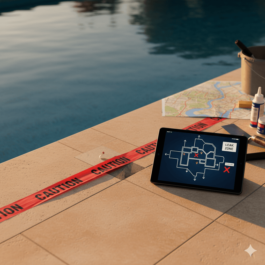 Zone de fuite piscine marquée et plan d’intervention affiché, ambiance golden hour, contexte Libourne